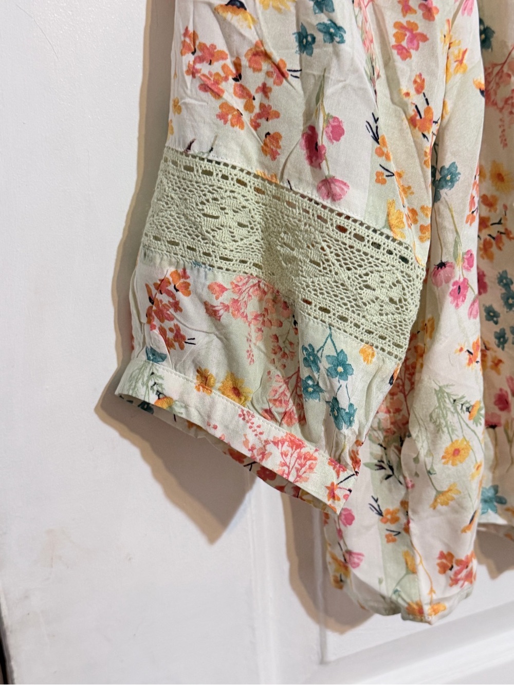 Cato Cream Floral Peasant Blouse with Sage Crochet Trim - Picture 3 of 9